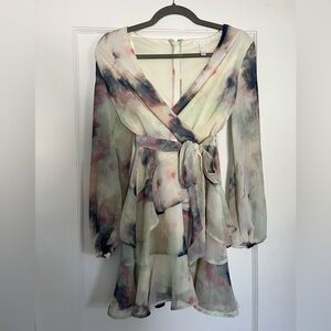 Leith blue and pink ruffle long sleeve mini dress